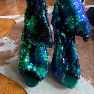 Blue and green sequence peep toe shoe boots